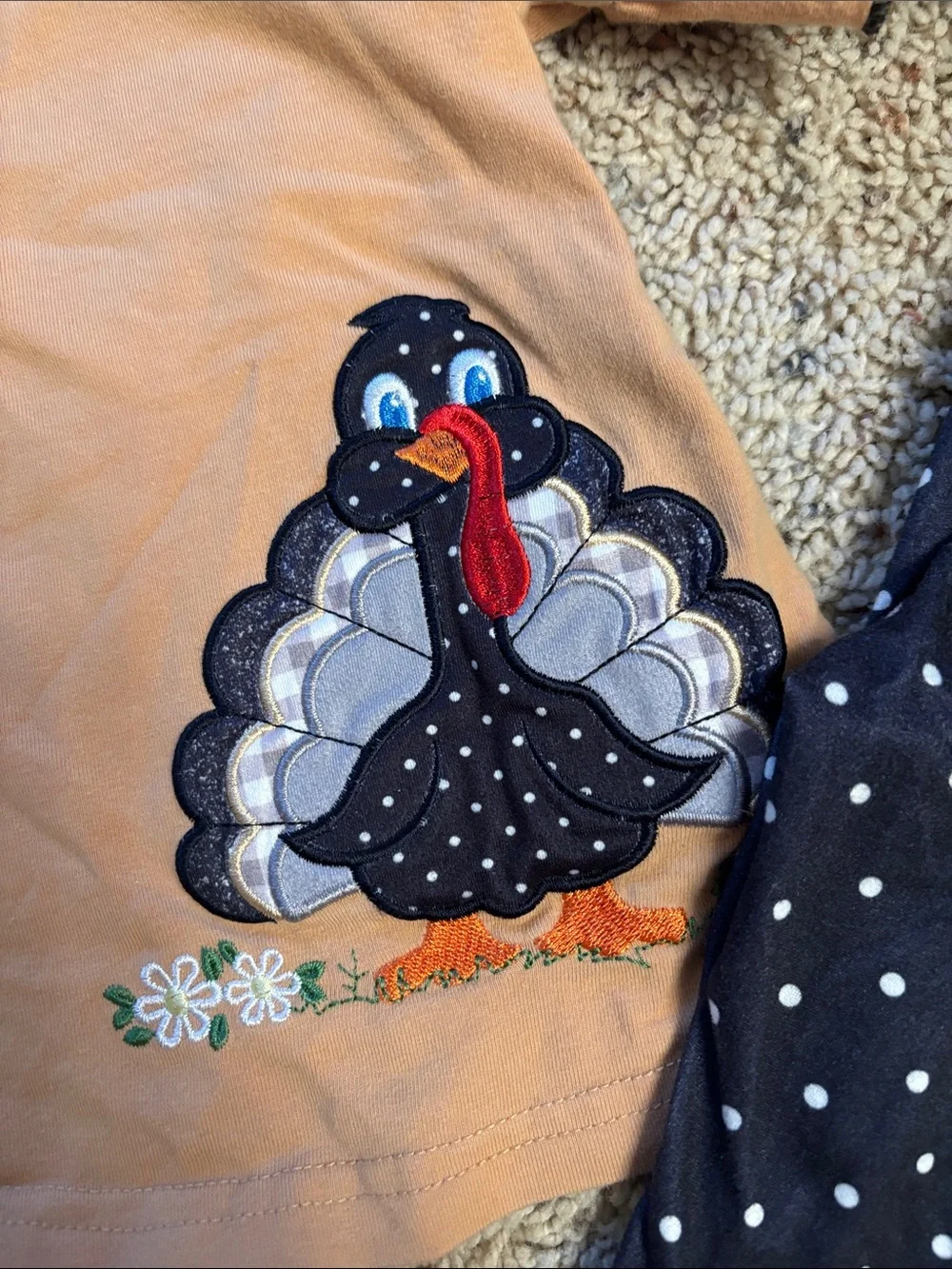 Mud Pie Girls Tan Turkey Top & Navy Polka Dot Pajama Set